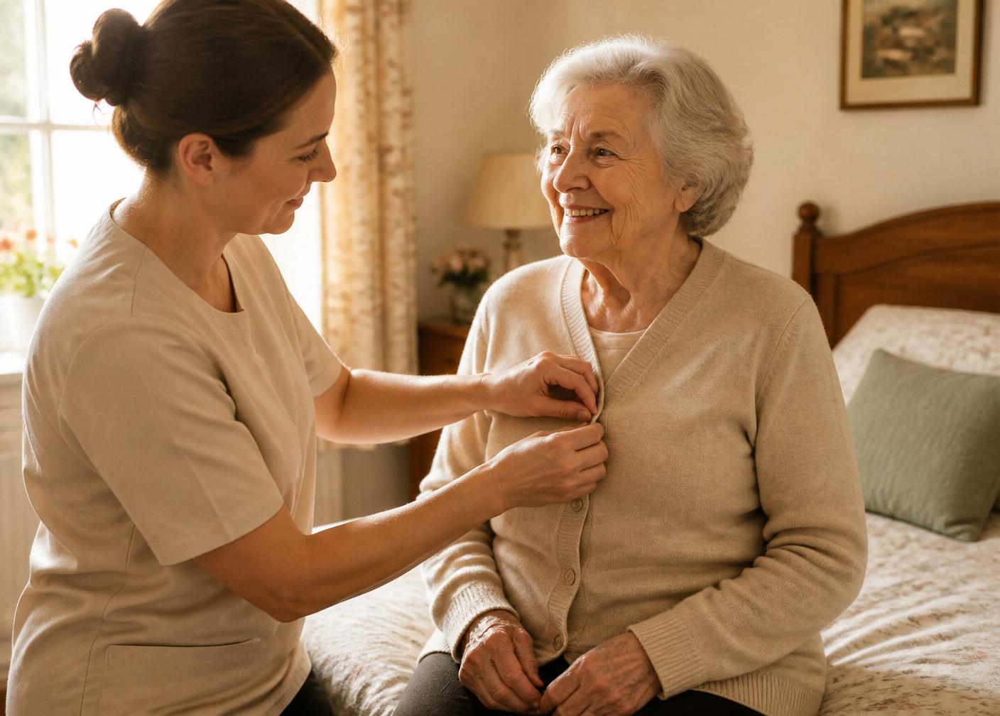 A carer gently helping an elderly woman button her cardigan in her sunlit bedroom