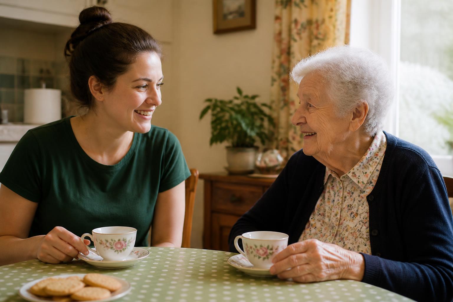 A carer sharing tea and conversation with an elderly woman in her own home